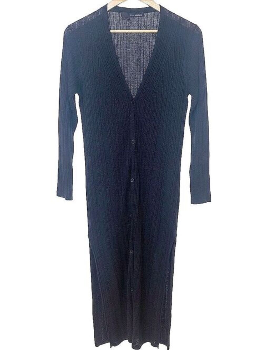 360 Sweater Black 100% Linen Maxi Cardigan Duster Button Front Side Slits XS